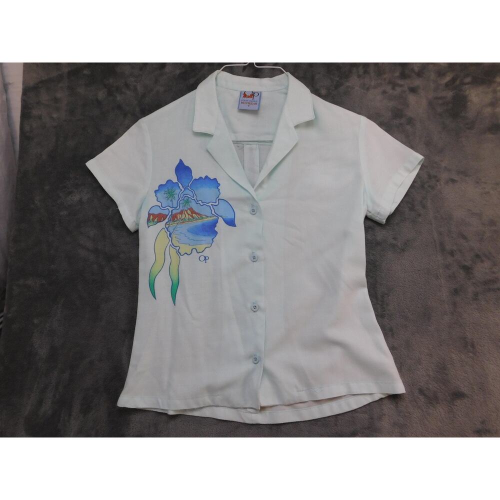 Vintage Ocean Pacific Shirt Womens Small Blue Beach Graphic Button Front 80s